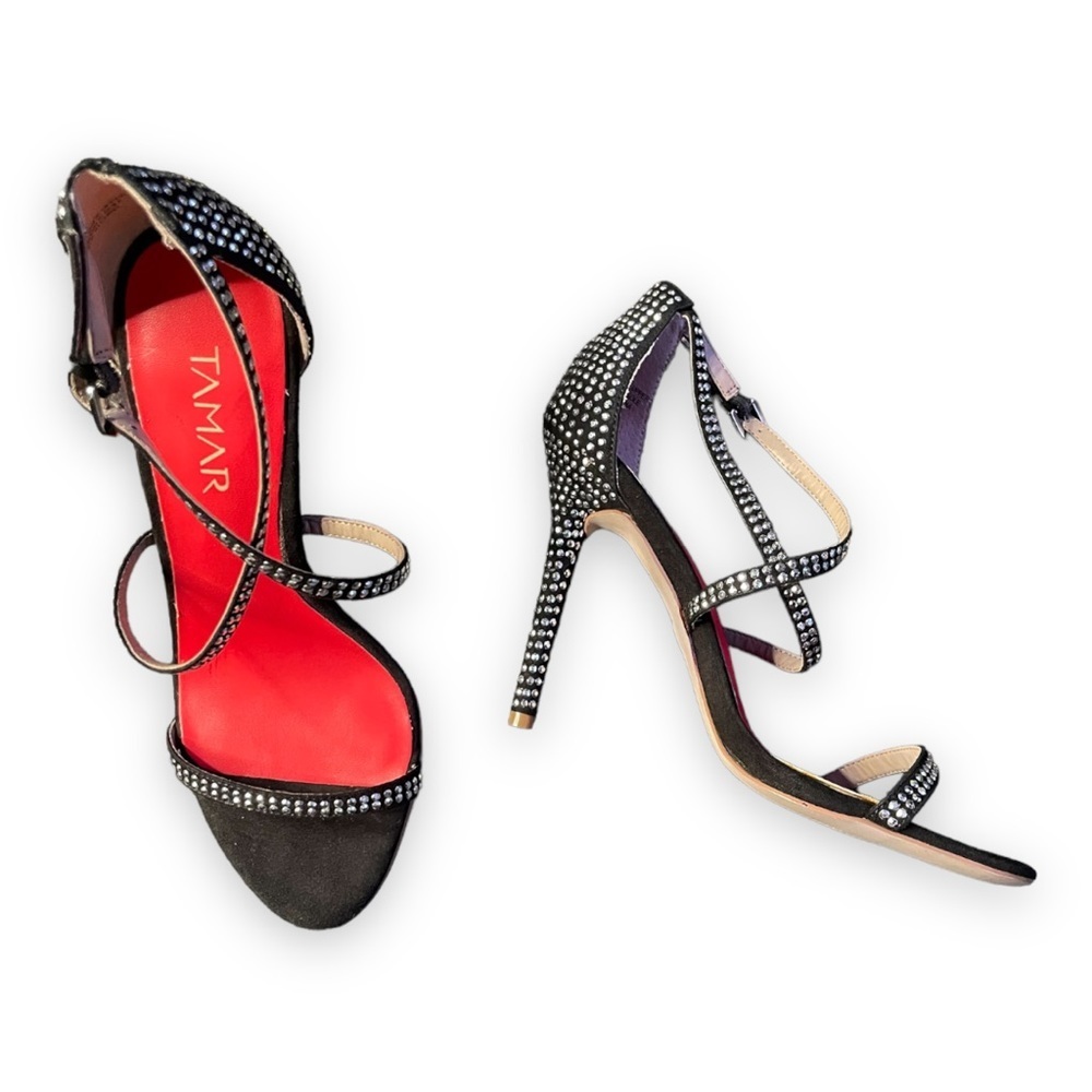 Tamar Rhinestud Heels Black Stiletto Jeweled Pumps Silver Studs Bling Sandals 6